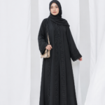 Dubai Cherry Black Extra Koti Borka with Flower Lace & Stone Work