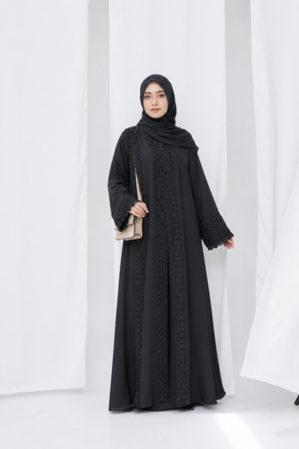 Dubai Cherry Black Extra Koti Borka with Flower Lace & Stone Work