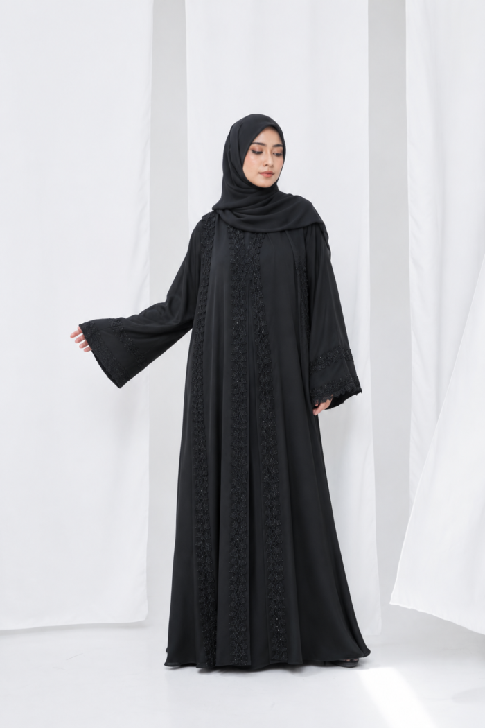 Dubai Cherry Black Extra Koti Borka with Flower Lace & Stone Work - Image 2