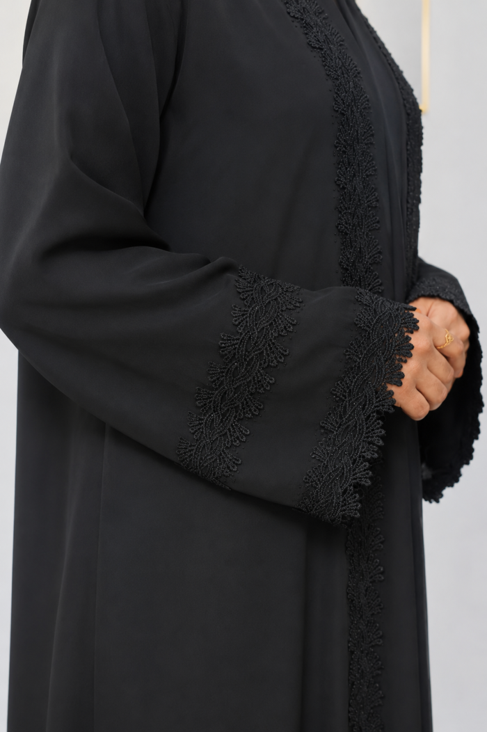 Dubai Cherry Black Extra Koti Borka with Flower Lace & Stone Work - Image 3
