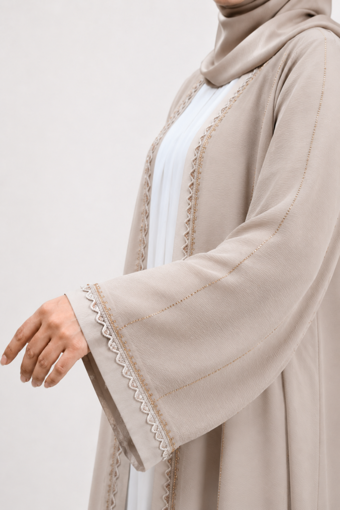 Cream Colour Extra Koti Borka with Sequence Lace & Stone Work - Image 2